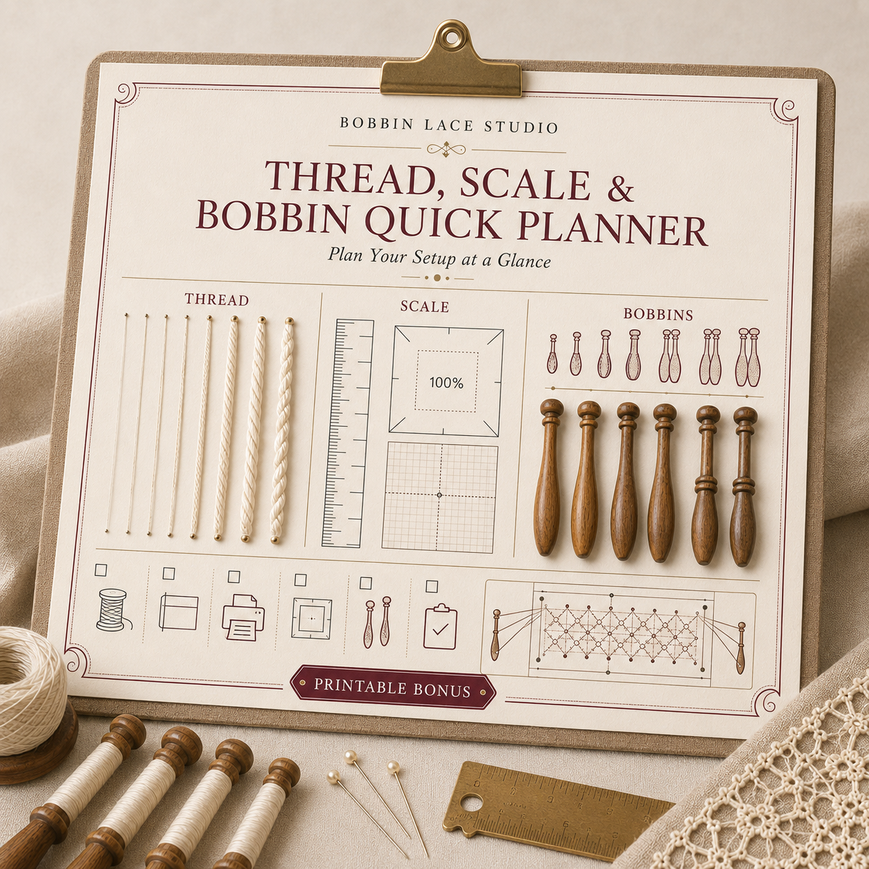 Thread, Scale & Bobbin Quick Planner printable bonus sheet on a clipboard with thread and bobbins
