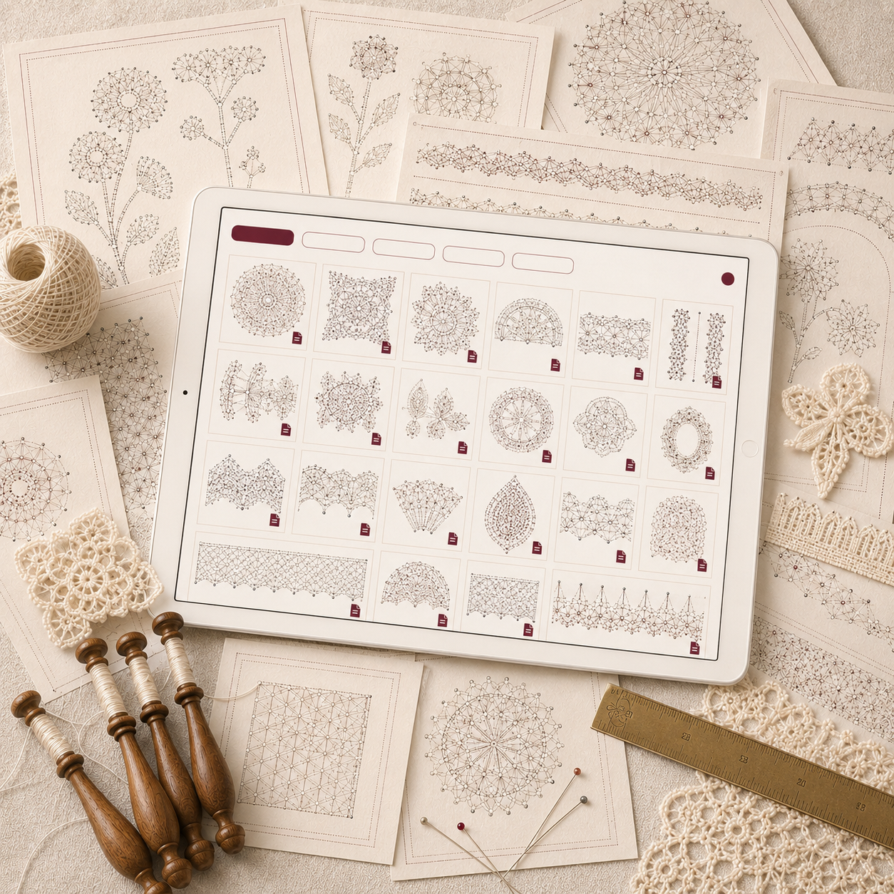 Tablet displaying the organized bobbin lace pattern library surrounded by printable pricking sheets, wooden bobbins and finished lace pieces