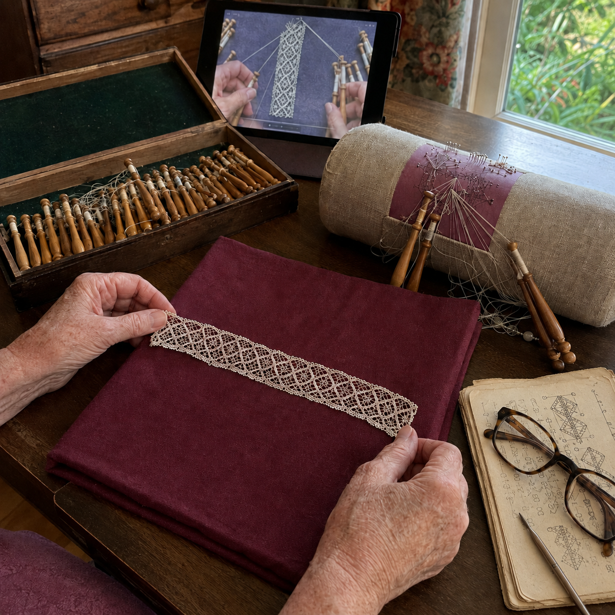 Linda P. sharing her bobbin lace work