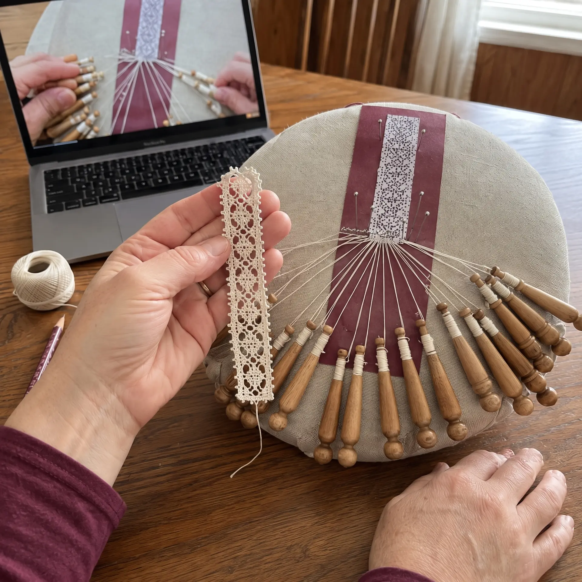 Sarah M. sharing her bobbin lace work