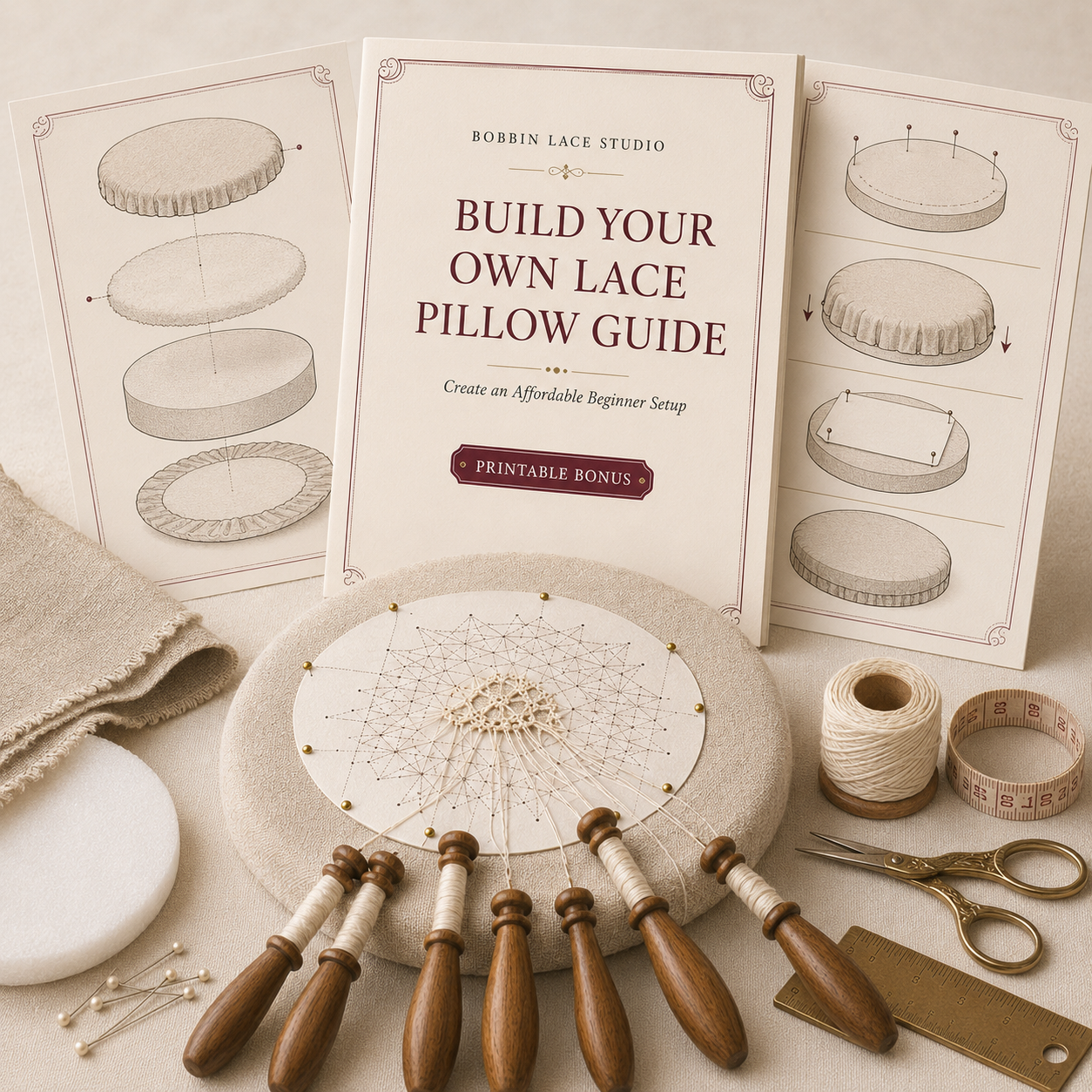 Build Your Own Lace Pillow Guide printable bonus sheet with pillow diagrams and beginner tools